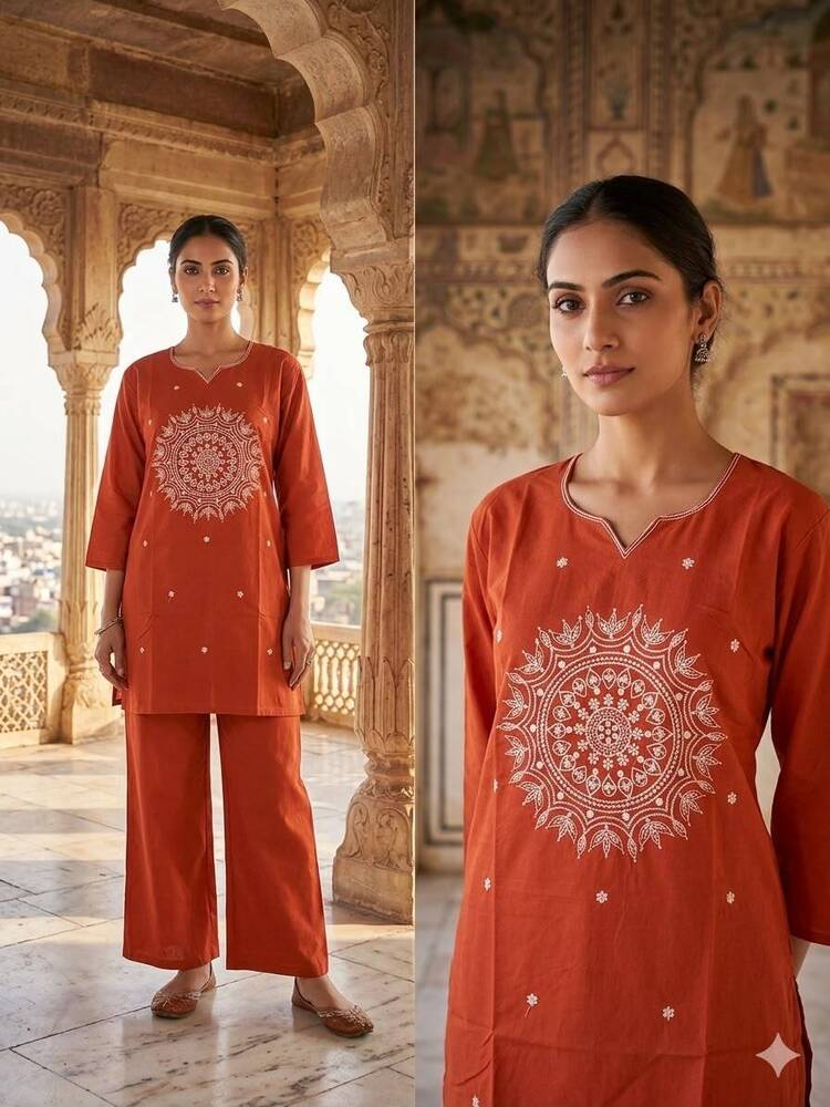 Rust Orange V Neck Cotton Short Kurta And Pant Set