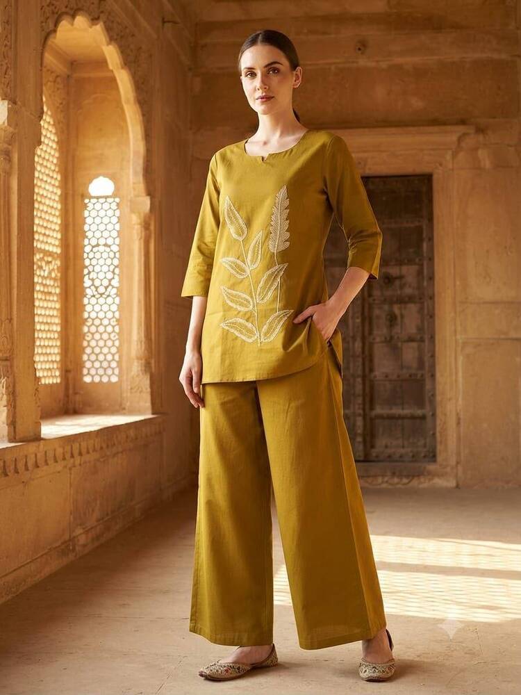Mustard Yellow Embroidered Short Kurta And Pant Set
