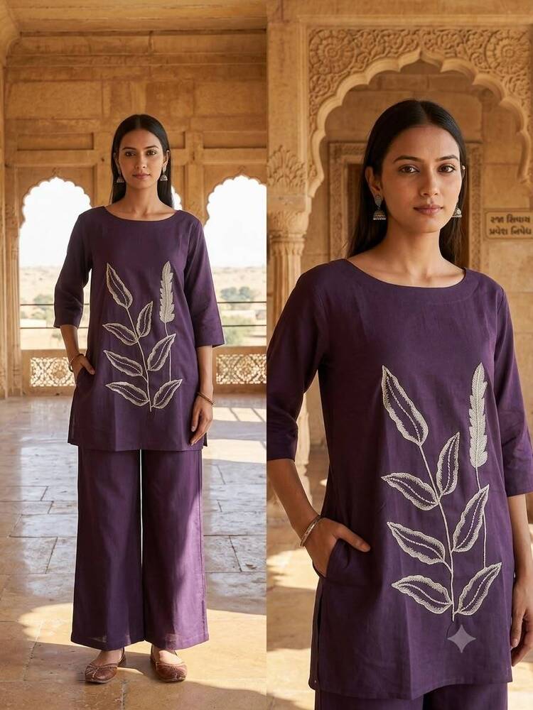 Purple Cotton Short Kurta And Pant Set