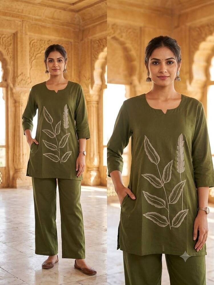 Elegant Olive Green Cotton Short Kurta And Pant Set