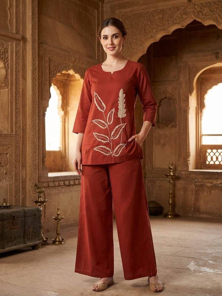 Rust Red Embroidered Cotton Short Kurta And Pant Set