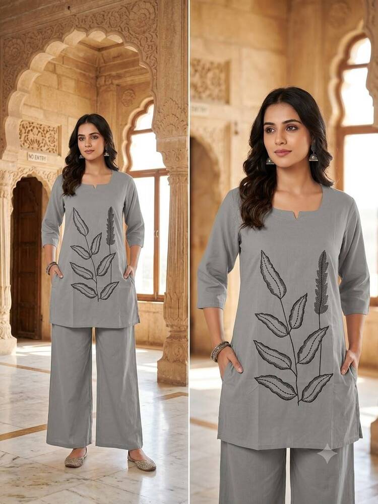 Grey Printed Cotton Short Kurta And Pant Set