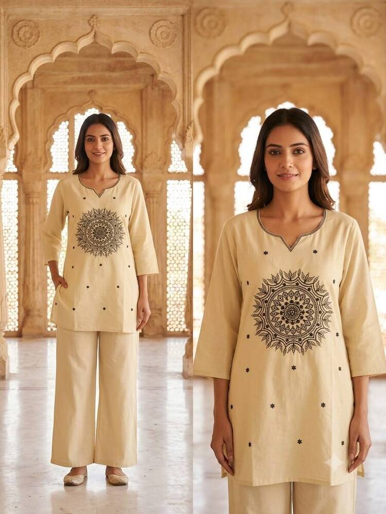Beige Pure Cotton Short Kurta And Pant Set