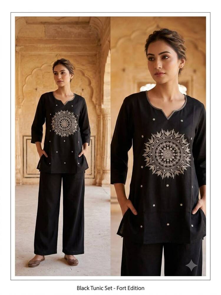 Black Pure Cotton Short Kurta And Pant Set