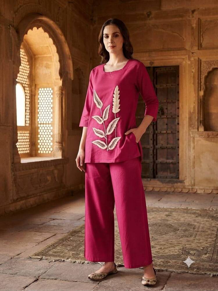 Vibrant Pink Leaf Printed Cotton Short Kurta And Pant Set