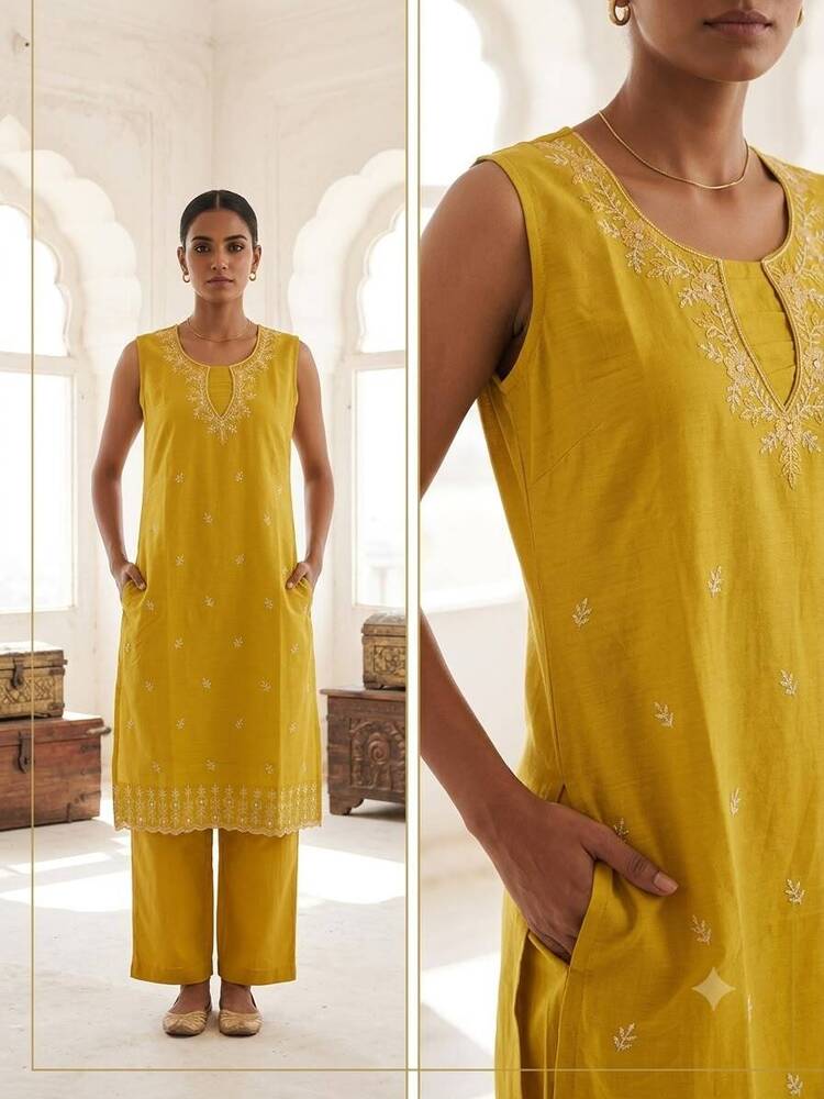 Mustard Yellow Long Kurta And Pant Set