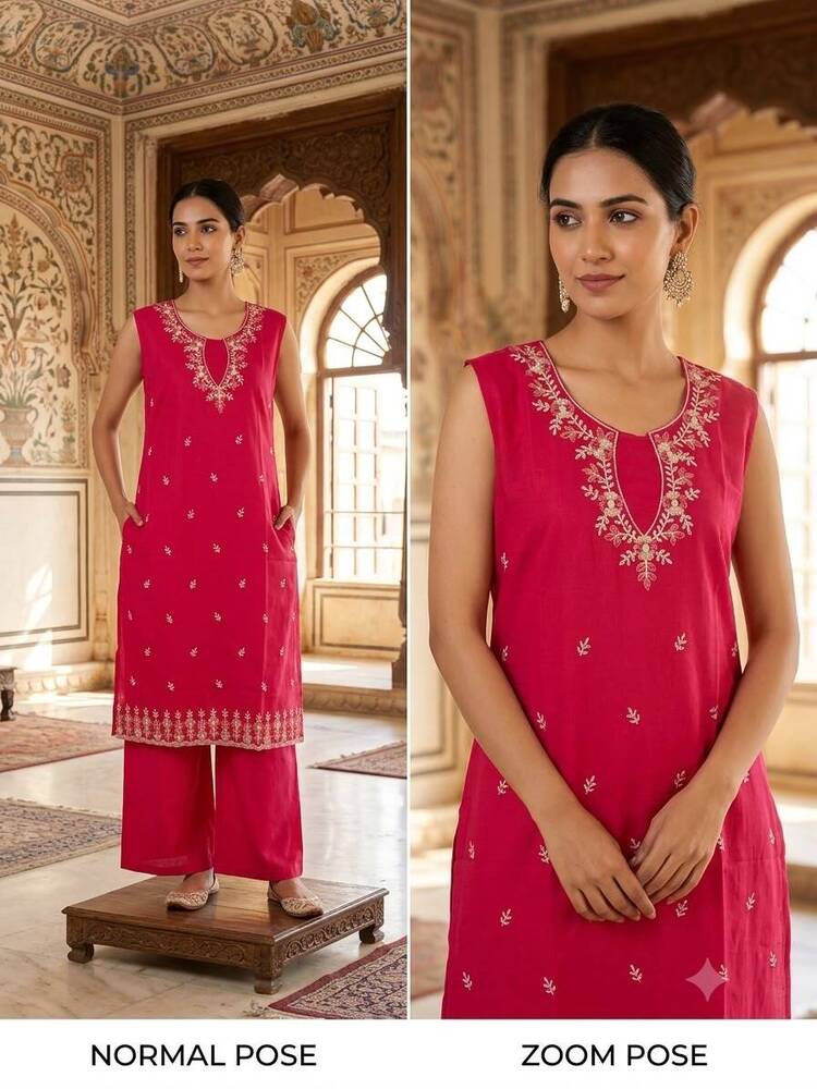 Vibrant Rani Pink Sleeveless Long Kurta And Pant Set