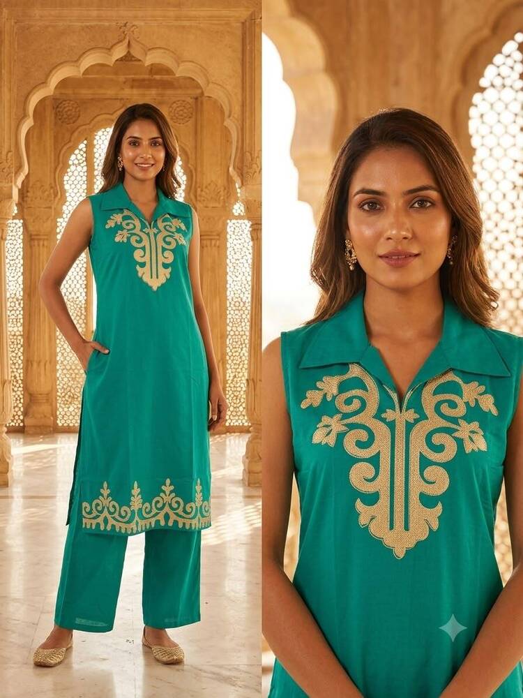 Ethnic Motif Embroidered Pure Long Kurta And Pant Set