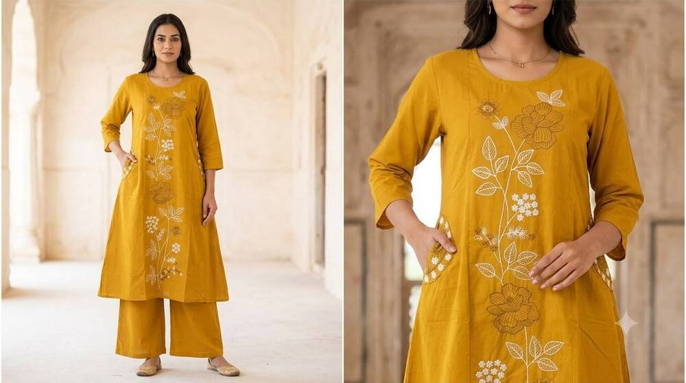 Mustard Yellow Flower Printed Long Kurta And Pant Set