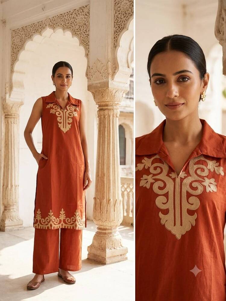 Rust Orange Sleeveless Long Kurta And Pant Set