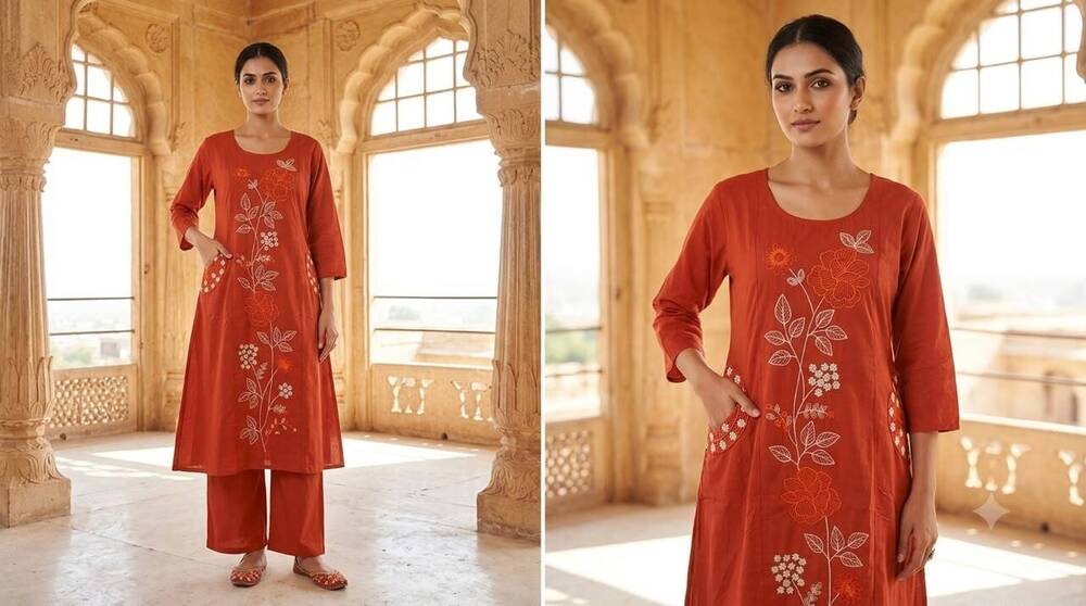 Rust Orange Floral Embroidery Long Kurta And Pant Set