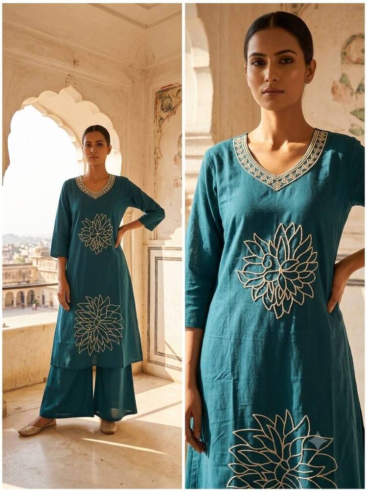 Teal Blue Designer Long Kurta And Pant Set