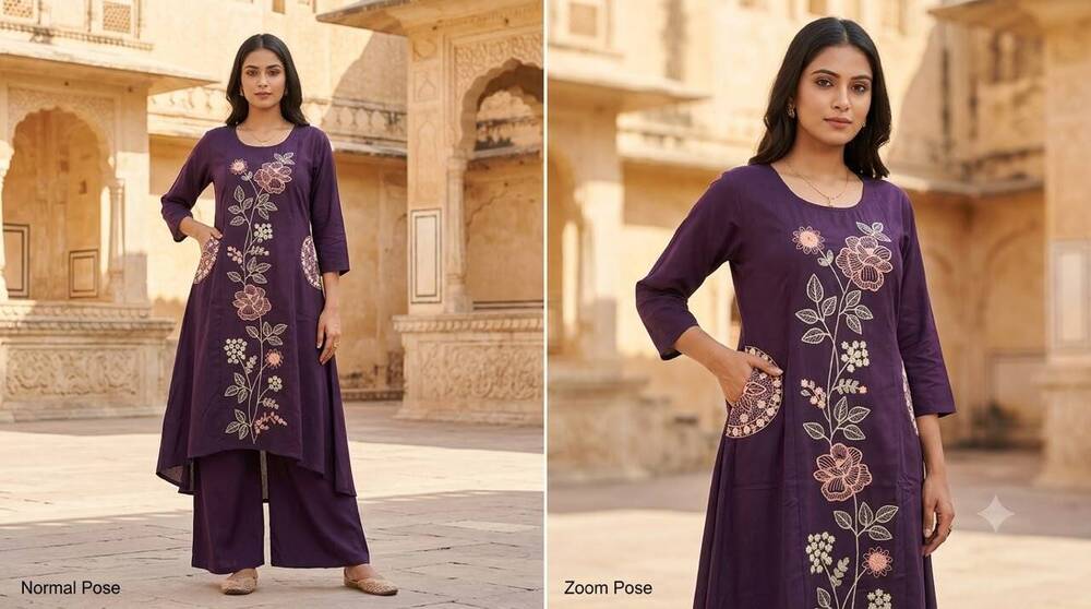 Purple A Line Long Kurta And Pant Set