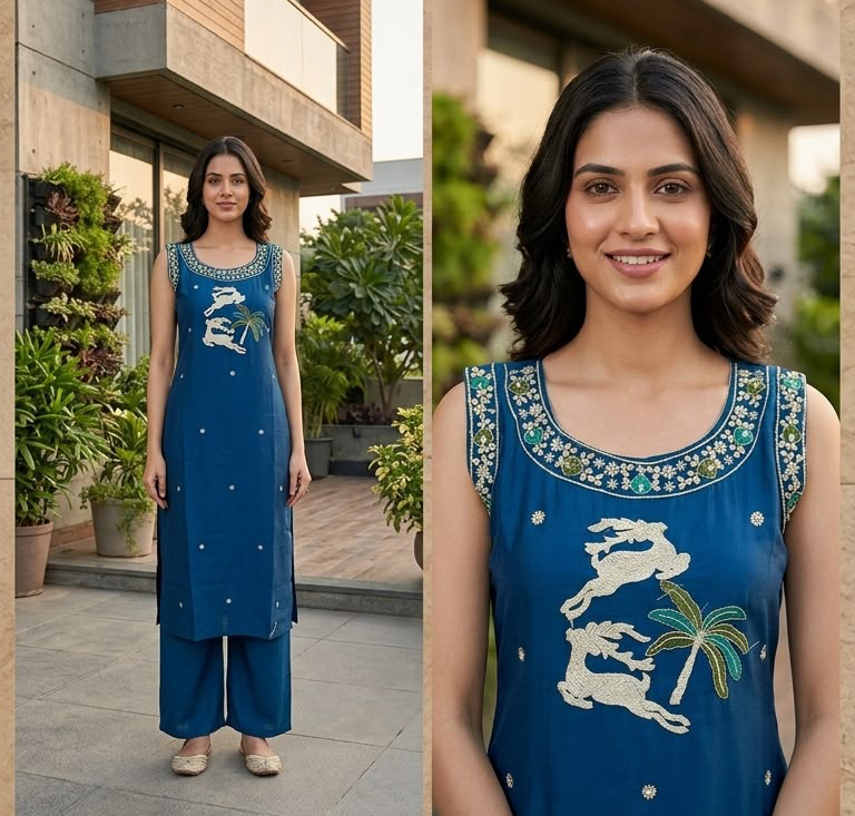 Blue Sleeveless Long Kurta And Pant Set