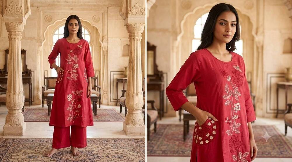 Muslin Floral Embroidery Long Kurta And Pant Set