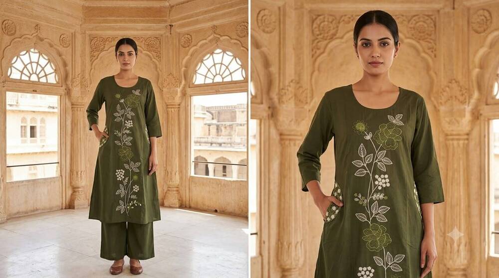 Olive Green Floral Green Thread Long Kurta And Pant Set