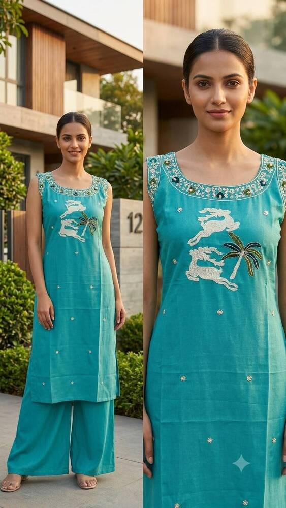 Teal Sleeveless Long Kurta And Pant Set