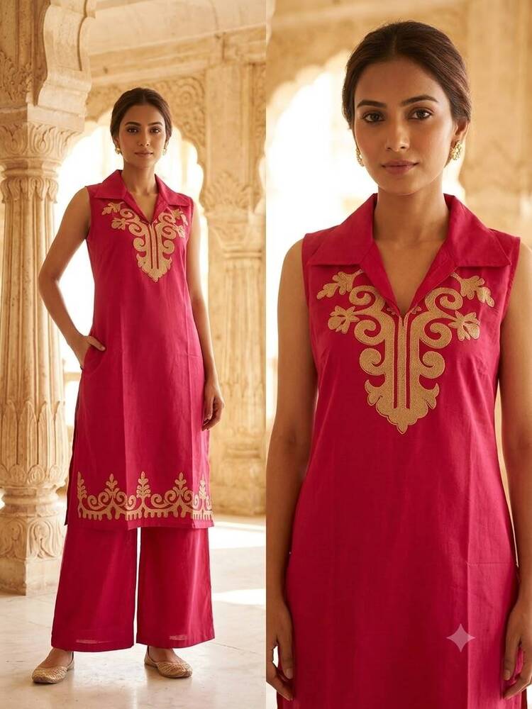 Hot Pink Sleeveless Long Kurta And Pant Set