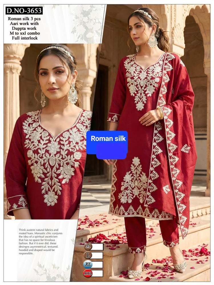 3653 Ladies Roman Silk Embroidery Work Top Pant Set