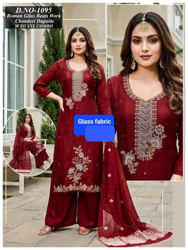 1095 Roman Glass Beats Chanderi Work Top And Pant Plazo Set