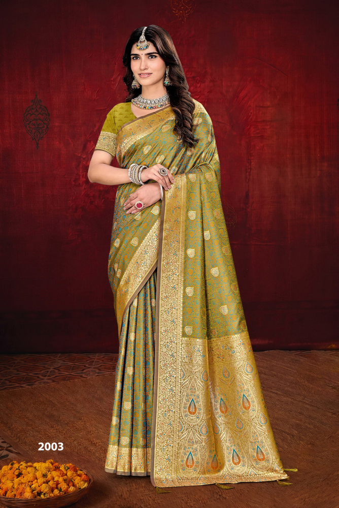 2003 Olive Green Hari Pari Satin Saree