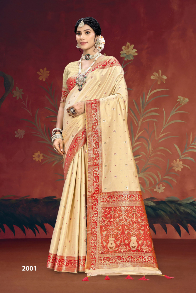 2001 Cream And Red Woven Zari Zaveri Saree