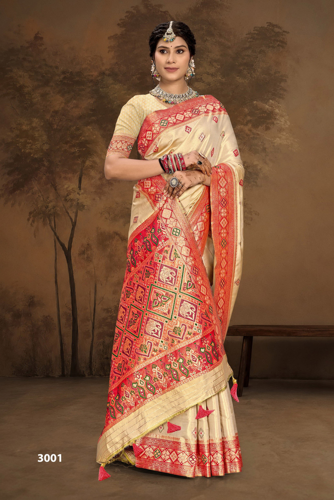 3001 Cream And Red Art Silk Zari Zaveri Saree