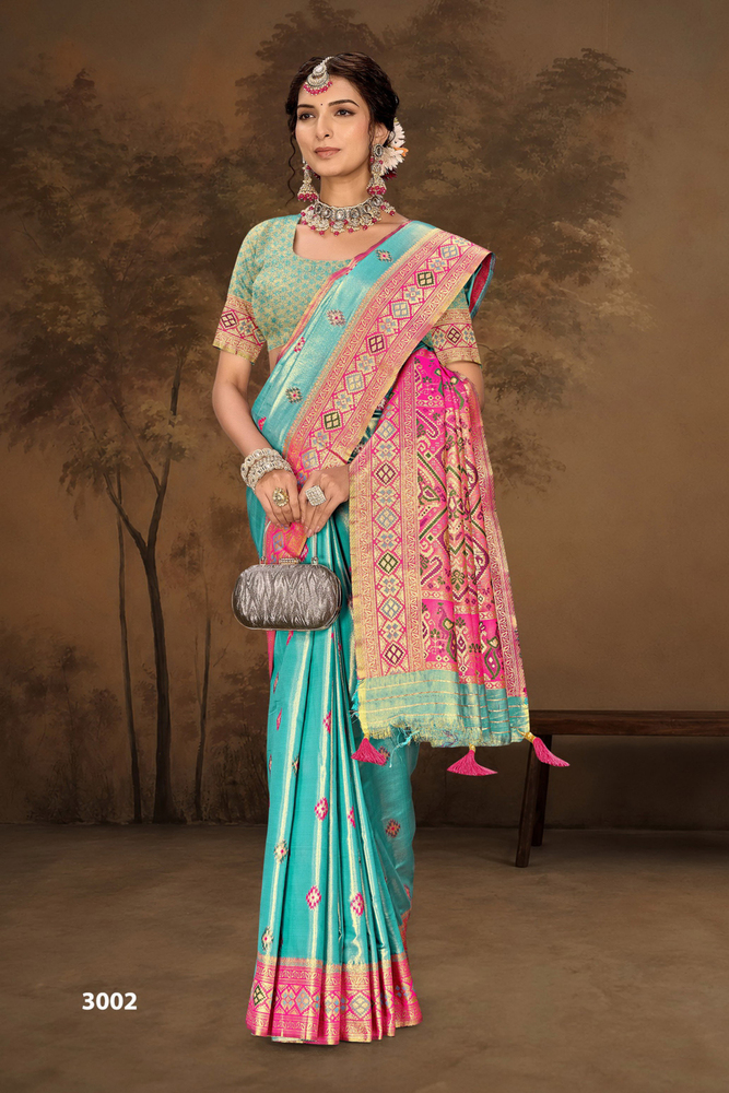 3002 Vibrant Turquoise And Pink Zari Zaveri Saree