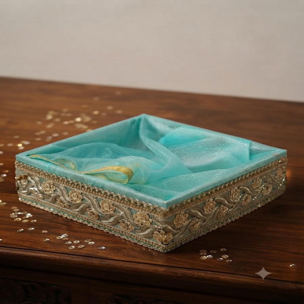 Mdf Basket With Net Cover - 8x8 Inch Mint Green Mdf, Sheer Removable Net, Decorative Beads, Ornate Floral Design