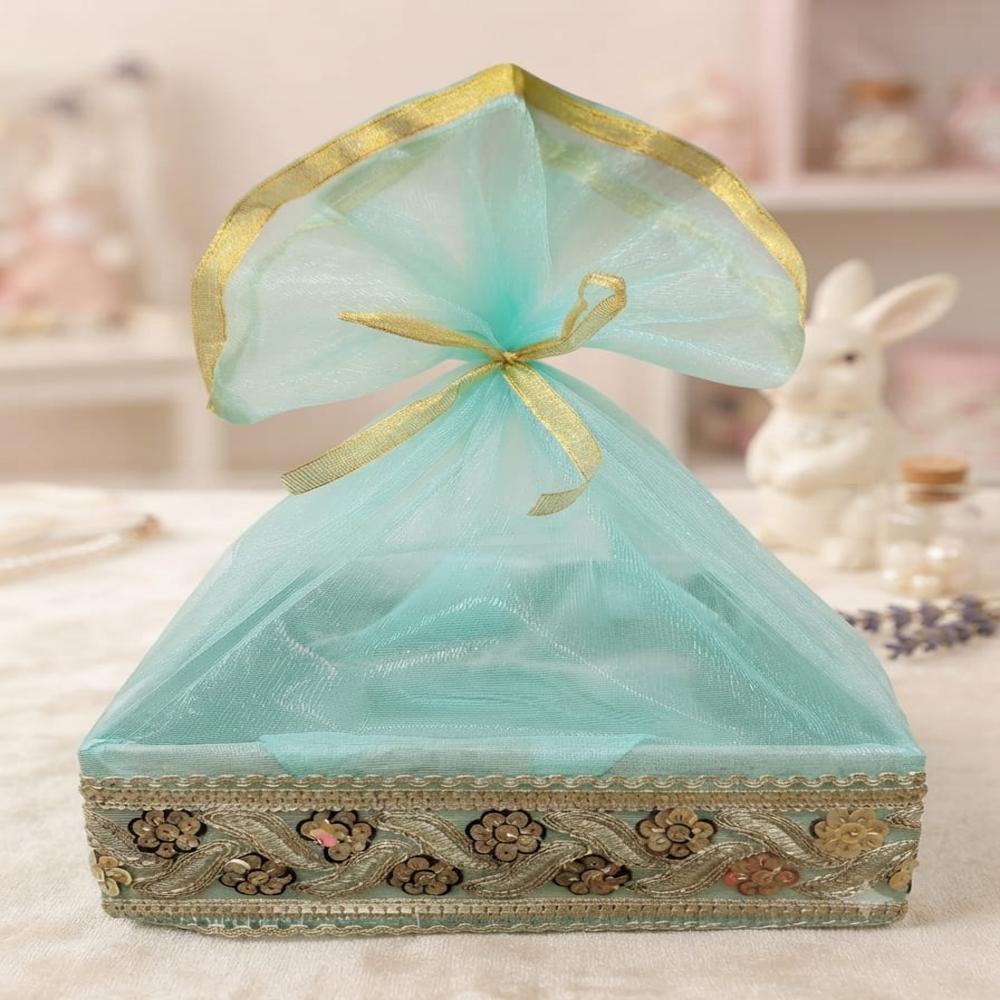Mdf Basket With Net Cover - 8x8 Inch Mint Green Mdf, Sheer Removable Net, Decorative Beads, Ornate Floral Design