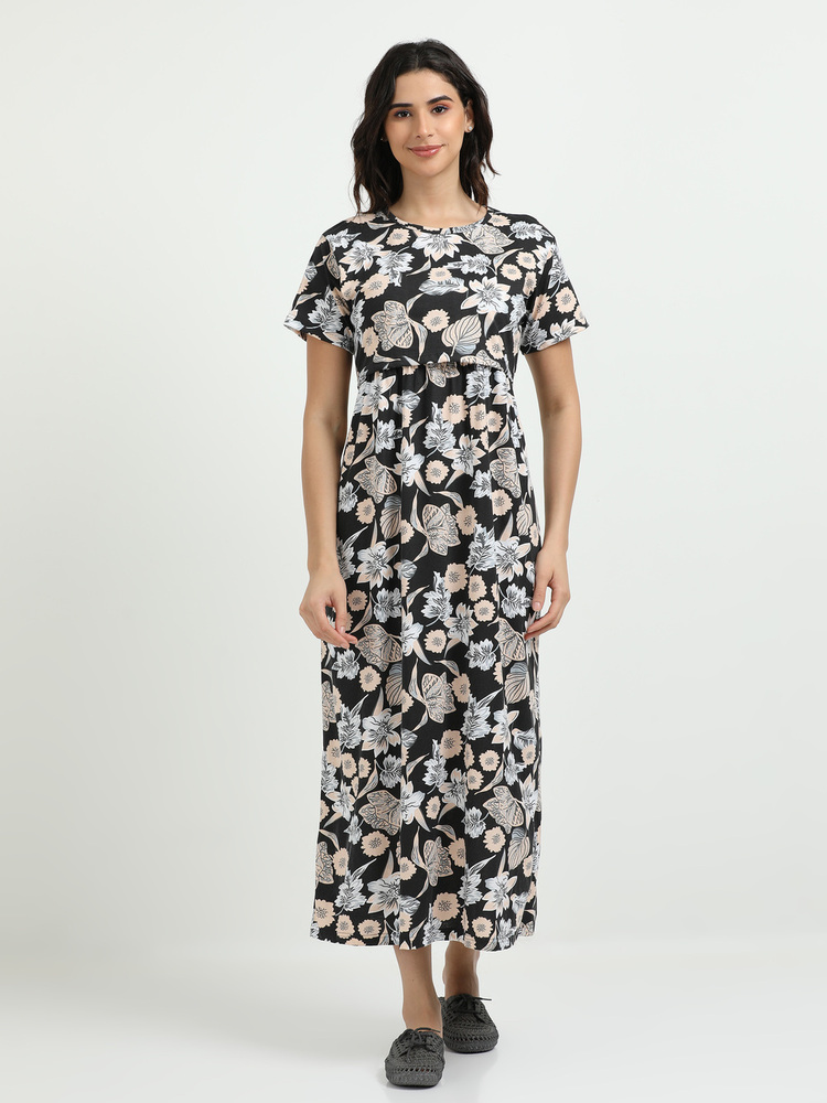 Black Flower Printed Midi Dress
