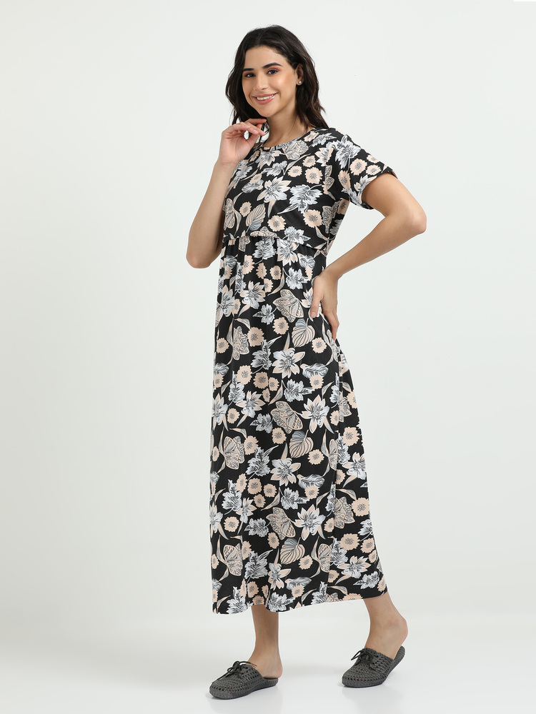 Black Flower Printed Midi Dress