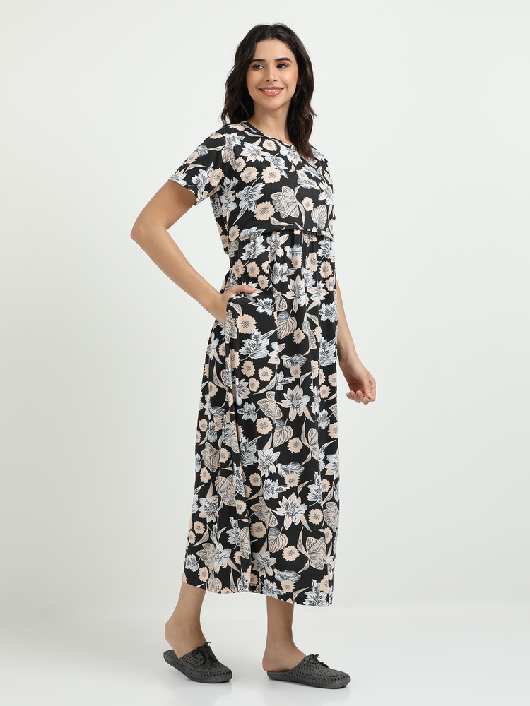 Black Flower Printed Midi Dress