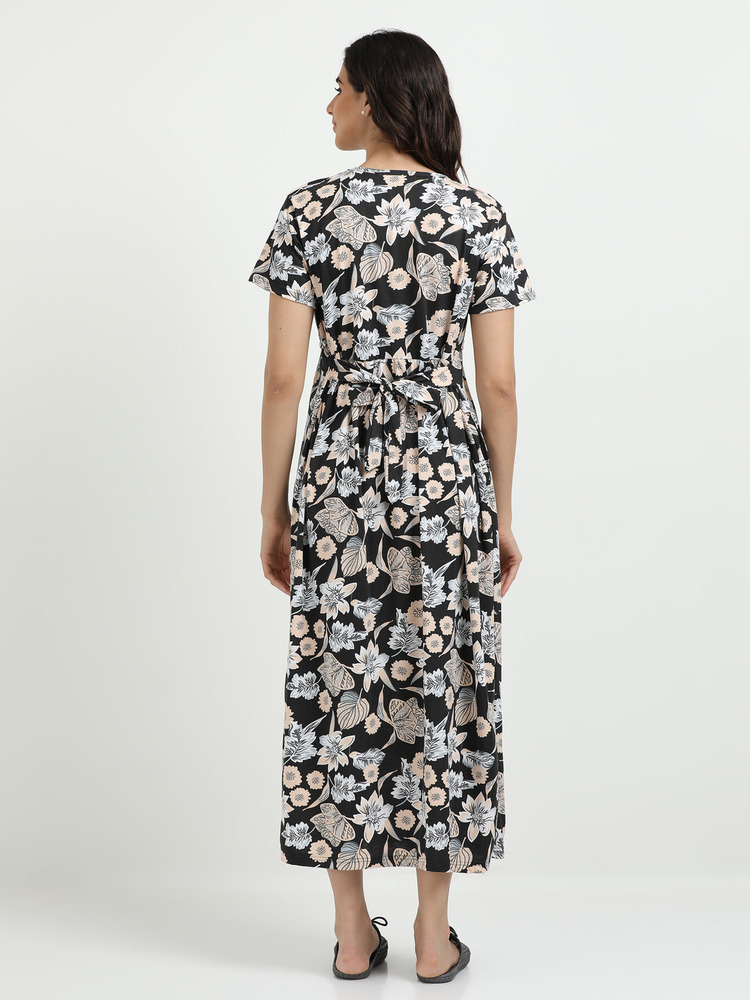 Black Flower Printed Midi Dress