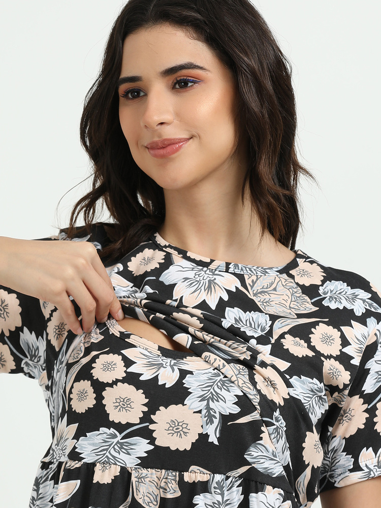 Black Flower Printed Midi Dress