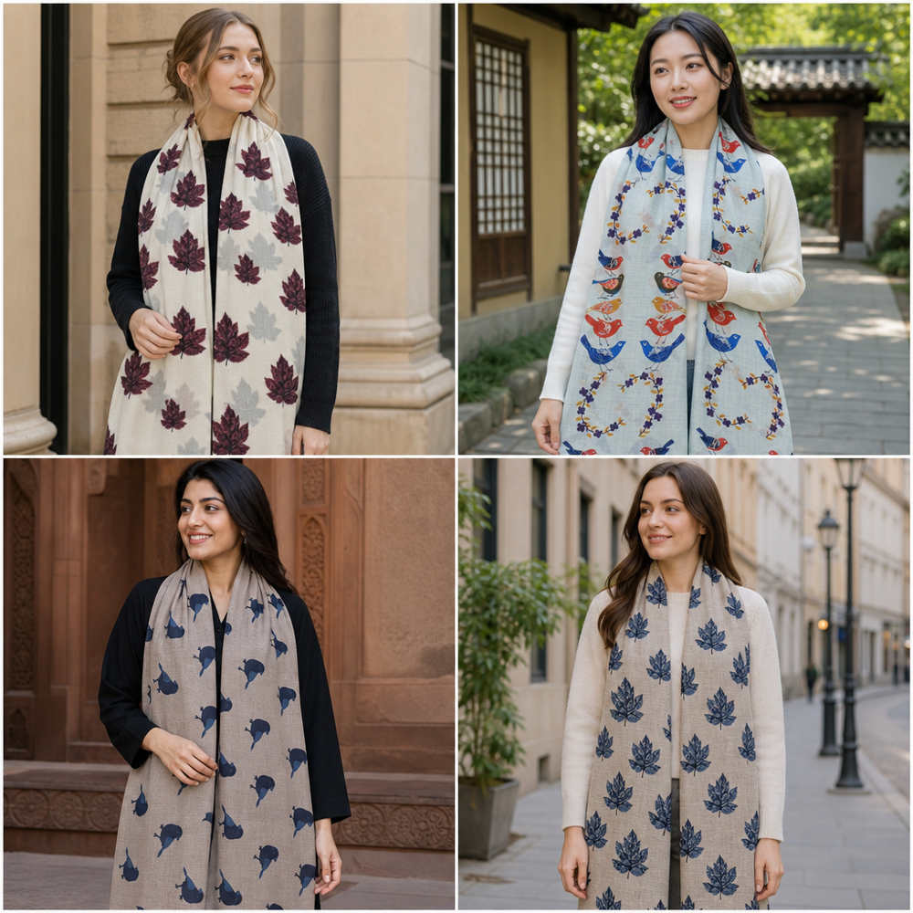 Merino Wool Elegant Printed Stoles - Color: Assorted