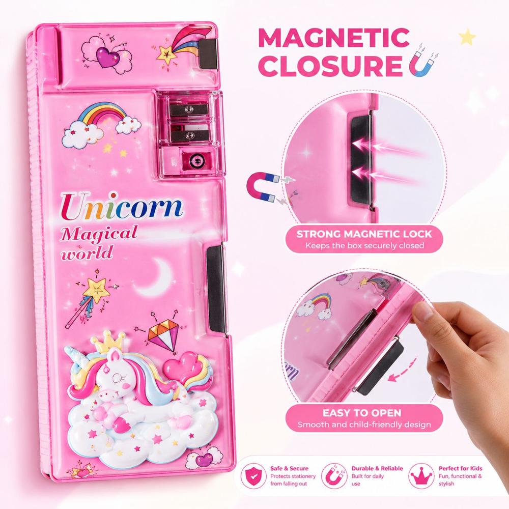 Unicorn Pencil Case With Sharpener - High-quality Plastic, Various Sizes Available | Adorable Unicorn Design, Built-in Sharpener, Modern Style