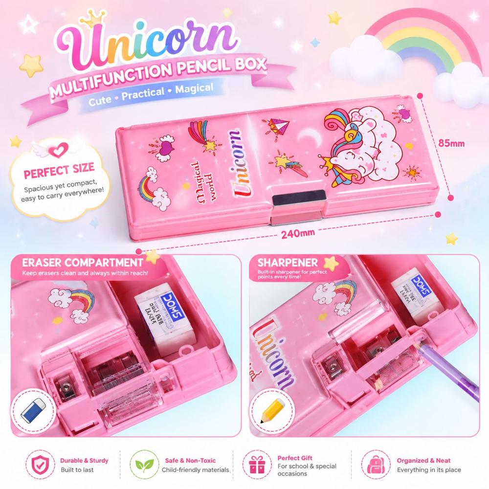 Unicorn Pencil Case With Sharpener - High-quality Plastic, Various Sizes Available | Adorable Unicorn Design, Built-in Sharpener, Modern Style