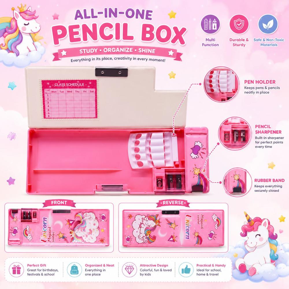 Unicorn Pencil Case With Sharpener - High-quality Plastic, Various Sizes Available | Adorable Unicorn Design, Built-in Sharpener, Modern Style