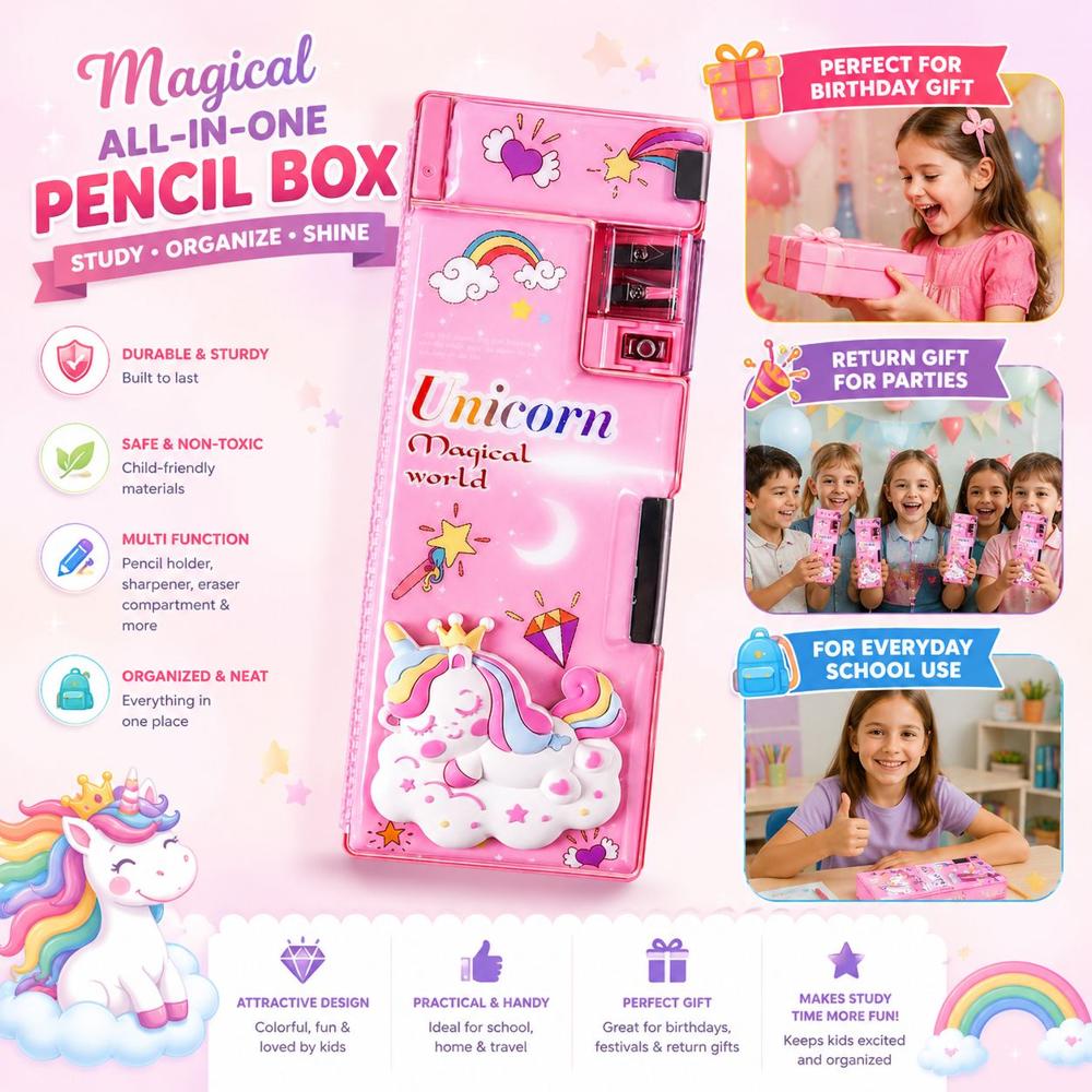 Unicorn Pencil Case With Sharpener - High-quality Plastic, Various Sizes Available | Adorable Unicorn Design, Built-in Sharpener, Modern Style