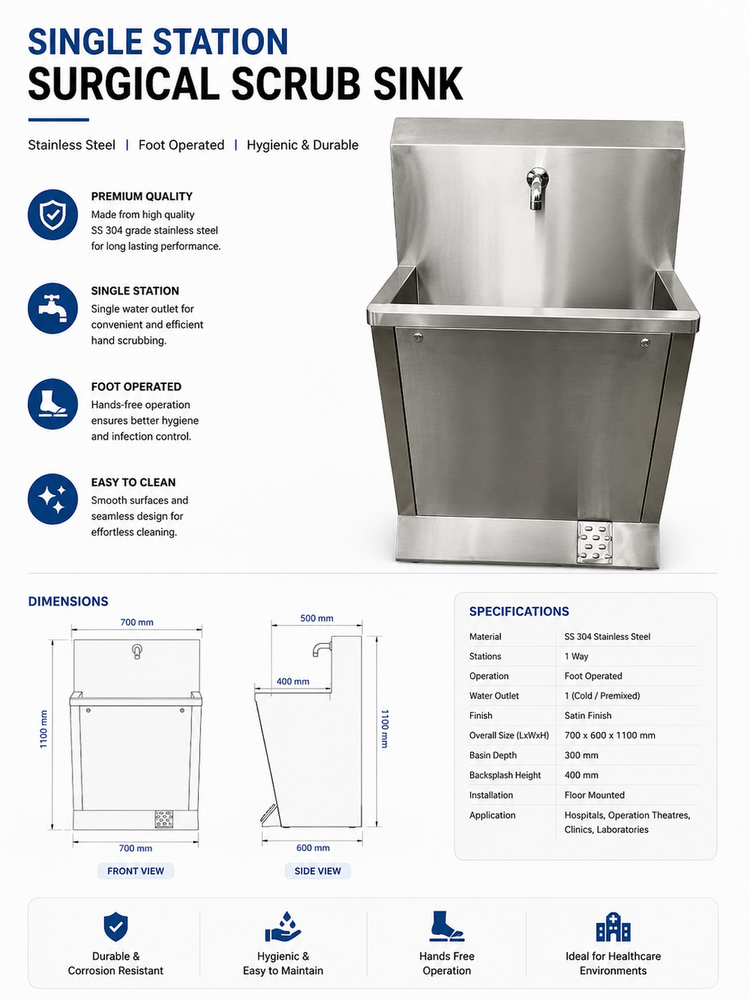 Single Way  Surgical Scrub Sink - Dimension (L*W*H): 900X600X1380Mm Foot (Ft)