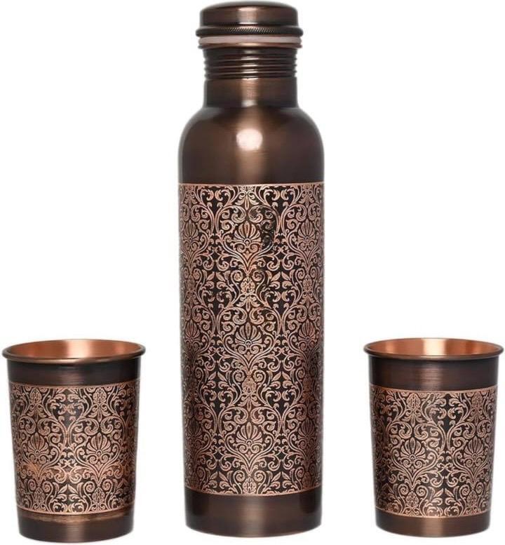 Vintage Royal Etched Pure Copper Bedside Carafe / Drinkware Set