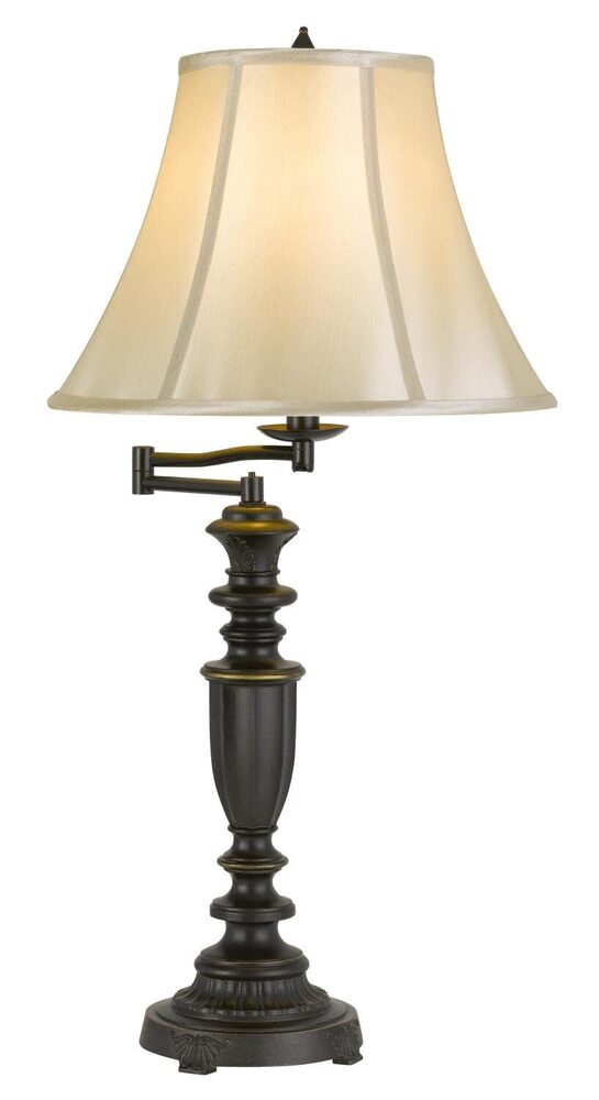 Antique Bronze Swing Arm Table Lamp with Flared Fabric Shade