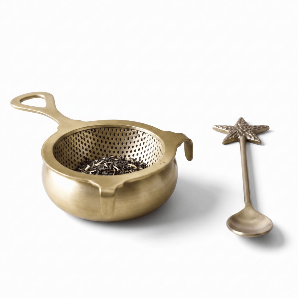 Brass Tea Strainer With Handle | Antique Gold Mesh Tea Infuser Set With Decorative Spoon | Handmade Metal Kitchenware - Handle Material: Wood