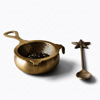 Brass Tea Strainer with Handle | Antique Gold Mesh Tea Infuser Set with Decorative Spoon | Handmade Metal Kitchenware
