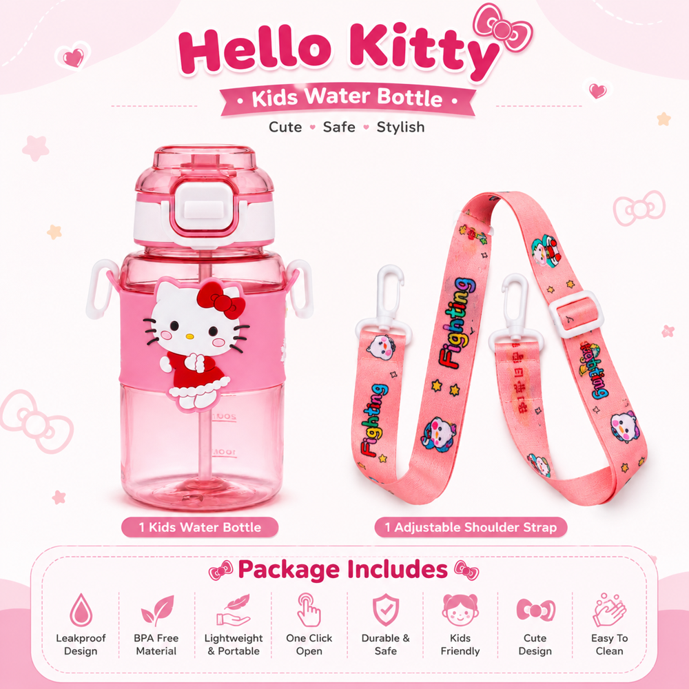 Cherrybox Cartoon Design Sipper Water Bottle - Plastic, 500ml Capacity, Multicolor | Lock Cap For Kids