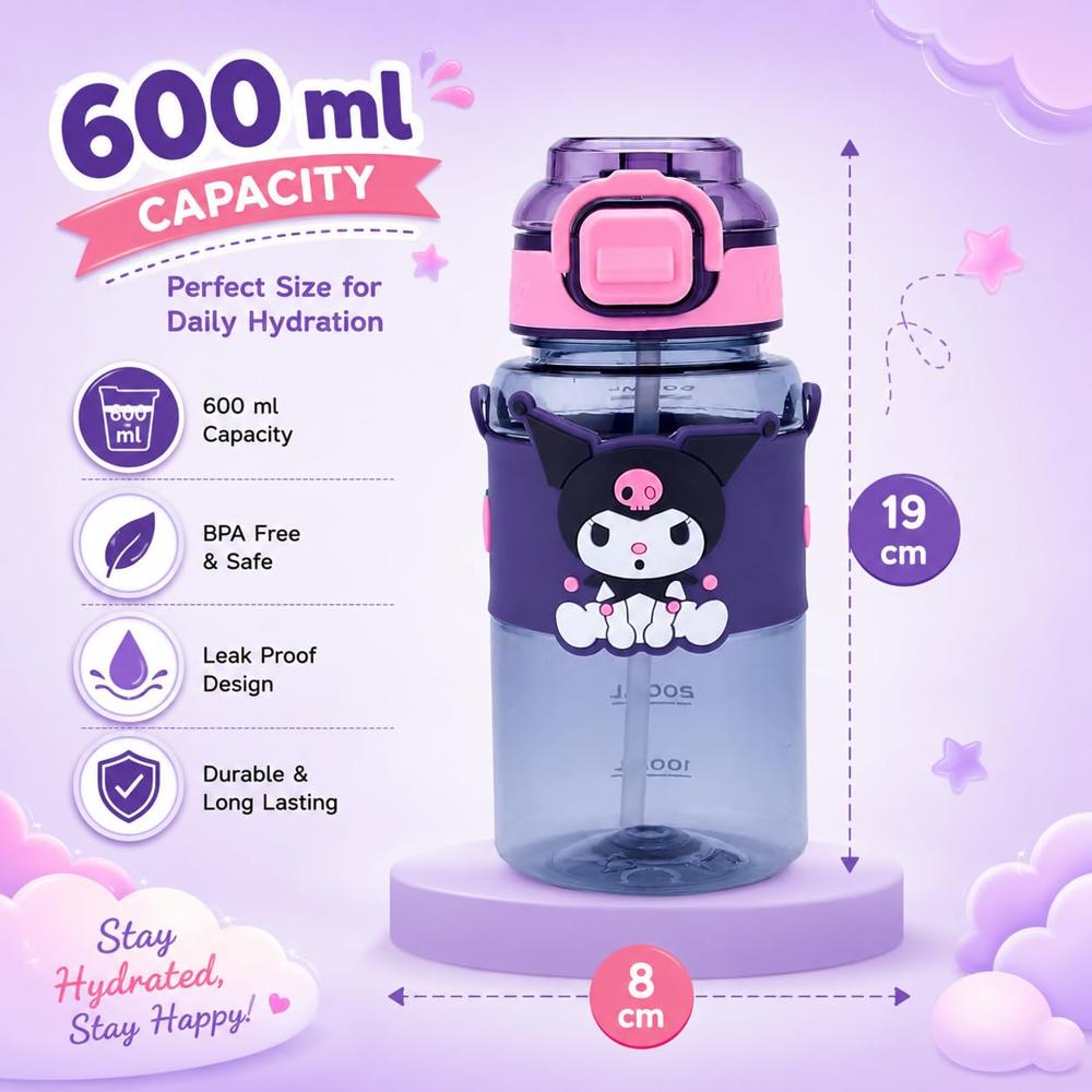 Cherrybox Cartoon Design Sipper Water Bottle - Plastic, 500ml Capacity, Multicolor | Lock Cap For Kids