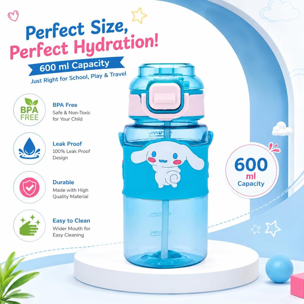 Cherrybox Cartoon Design Sipper Water Bottle - Plastic, 500ml Capacity, Multicolor | Lock Cap For Kids