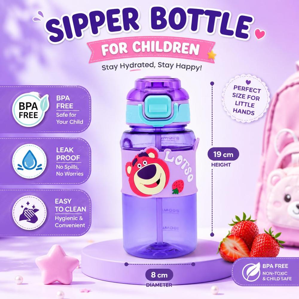 Cherrybox Cartoon Design Sipper Water Bottle - Plastic, 500ml Capacity, Multicolor | Lock Cap For Kids