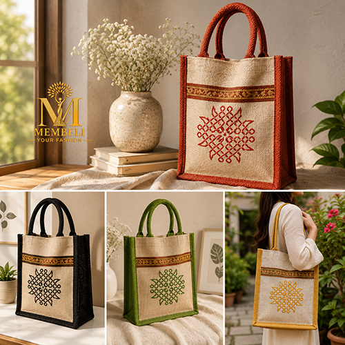Embroidered Jute Tote Bag With Ethnic Pattern - Capacity: 9 Kg